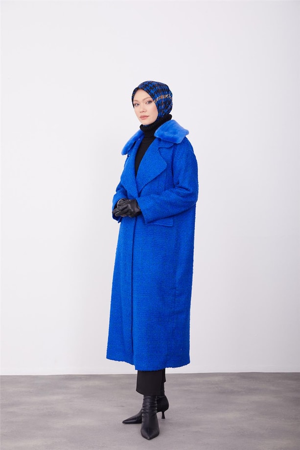 Armine Seyyar Kürklü Buklet Kaban 23K7224 Saks
