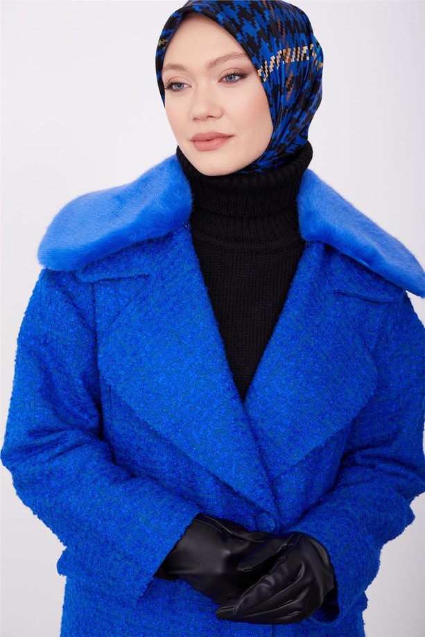 Armine Seyyar Kürklü Buklet Kaban 23K7224 Saks