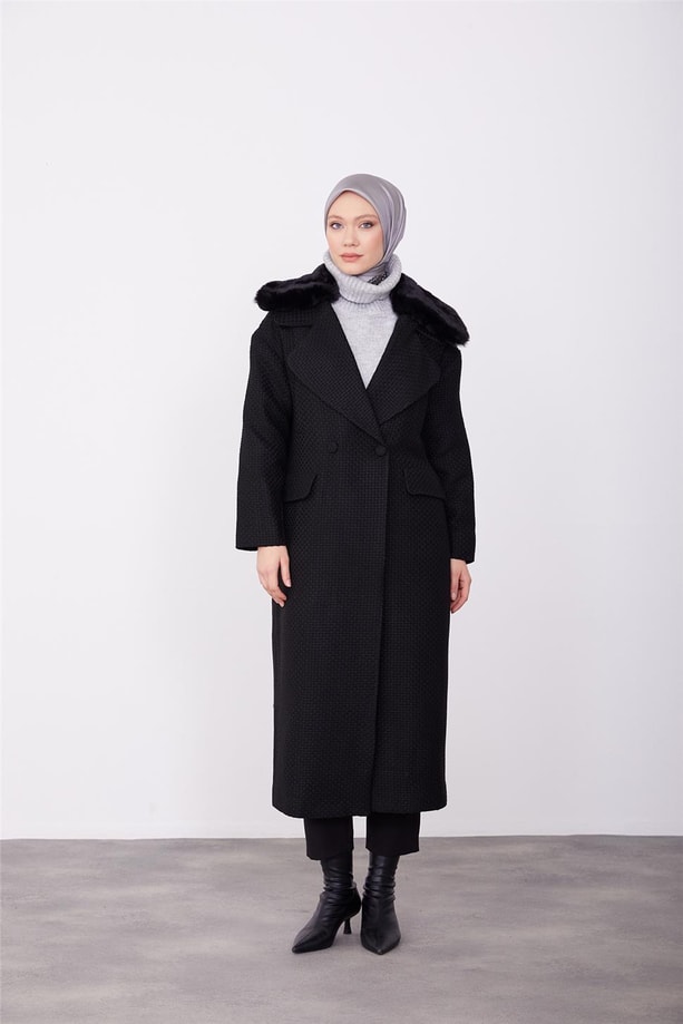 Armine Seyyar Kürklü Buklet Kaban 23K7224 Siyah