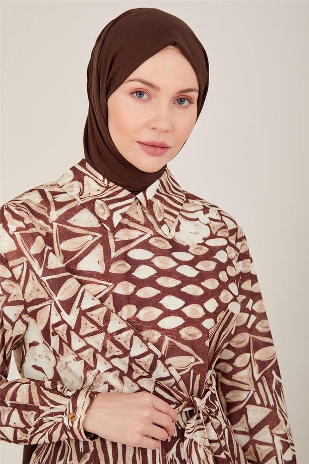 Armine Yandan Bağlanabilen Desenli Tunik 23Y4445 Kahverengi