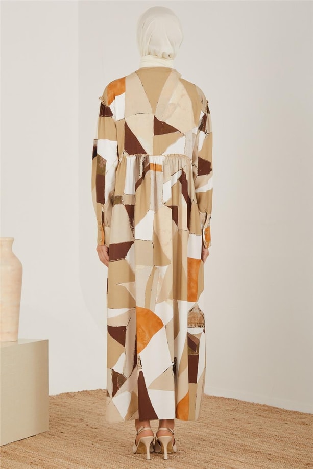 Armine Naturel Geometrik Desenli Elbise 23Y9648 Bej