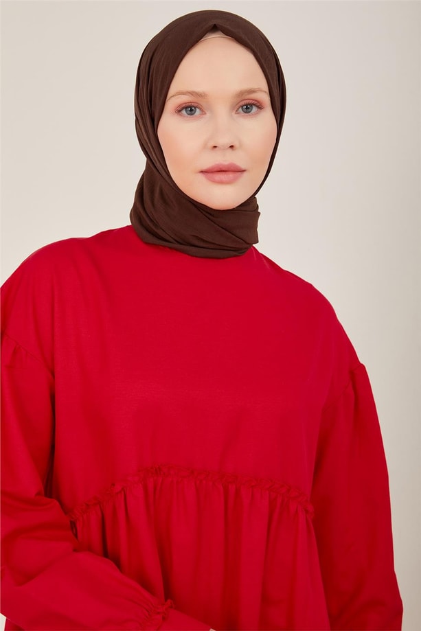 Armine Beli Ve Kolu Fırfırlı Pamuk Elbise 23Y9651 Kiraz