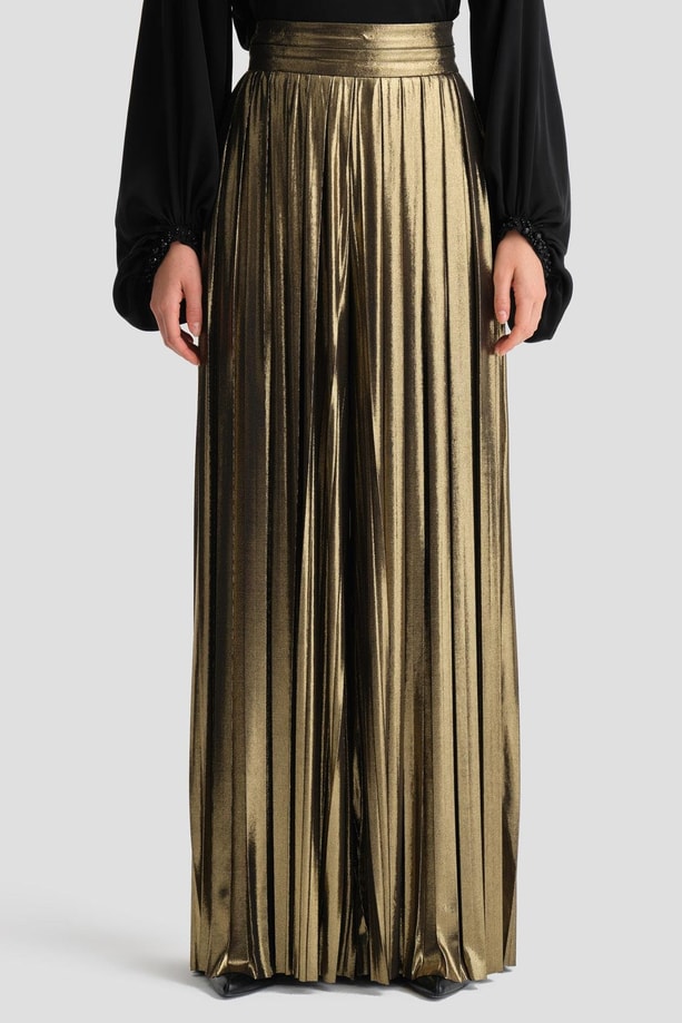 Armine Parıltılı Kumaştan Piliseli Pantolon 24Y2701 Gold
