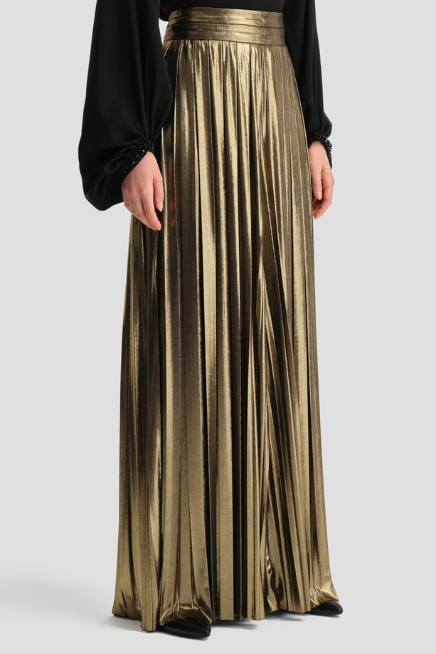 Armine Parıltılı Kumaştan Piliseli Pantolon 24Y2701 Gold