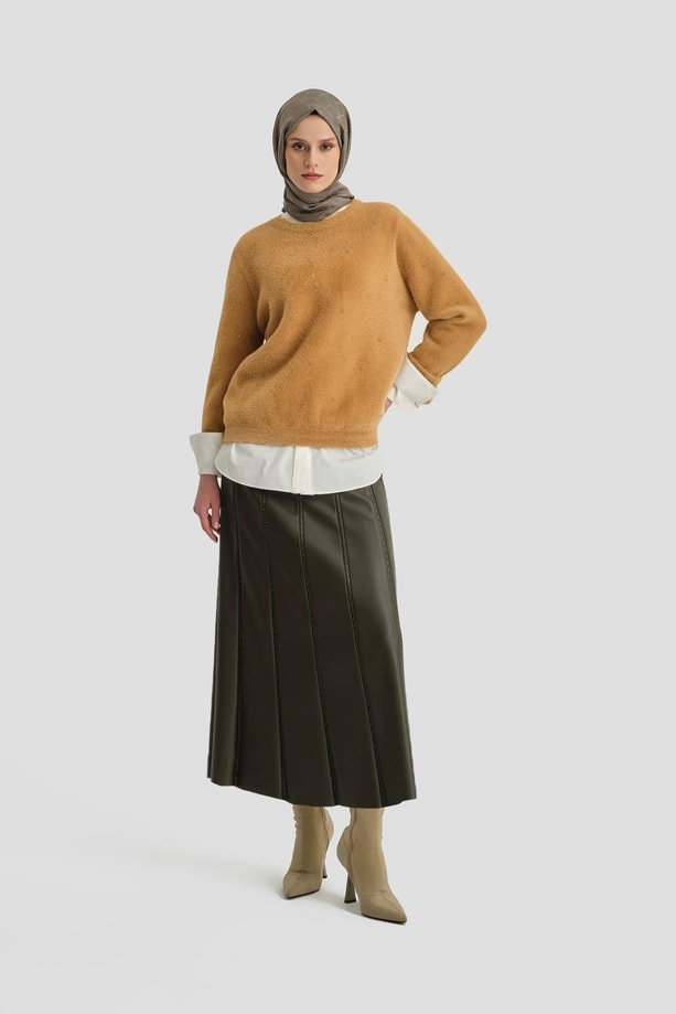 Armine Taş Detaylı Kazak 24KD2806 Camel