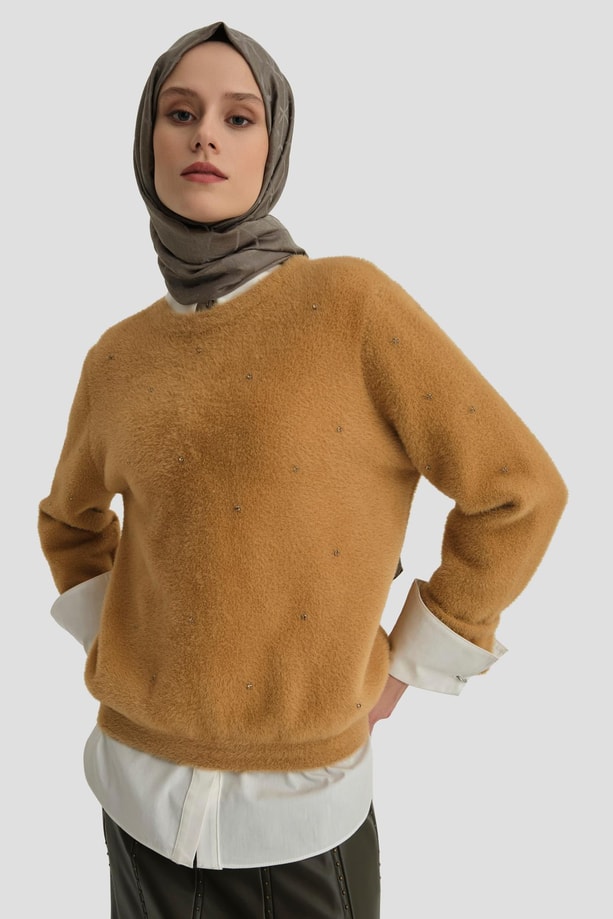 Armine Taş Detaylı Kazak 24KD2806 Camel