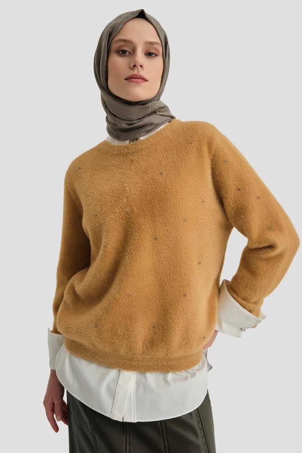 Armine Taş Detaylı Kazak 24KD2806 Camel