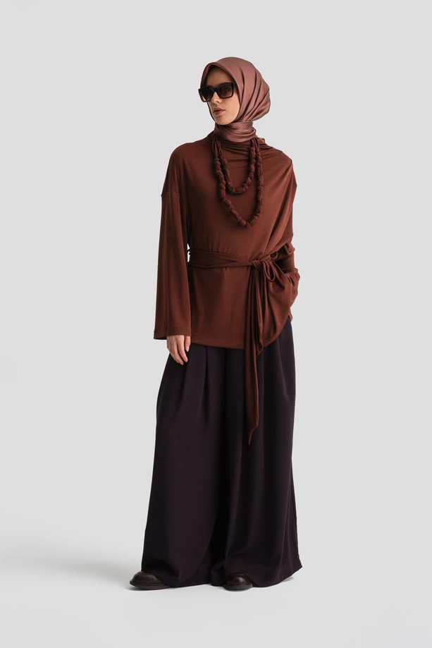 Armine Drapeli Bluz 24K3614 Kızıl Kahve