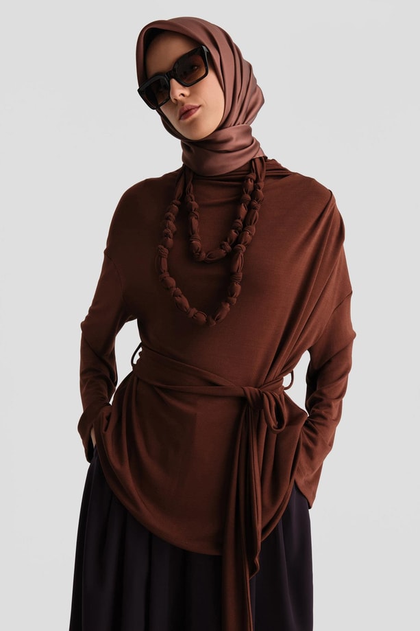Armine Drapeli Bluz 24K3614 Kızıl Kahve