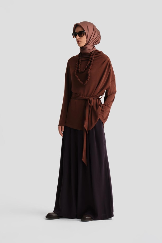 Armine Drapeli Bluz 24K3614 Kızıl Kahve