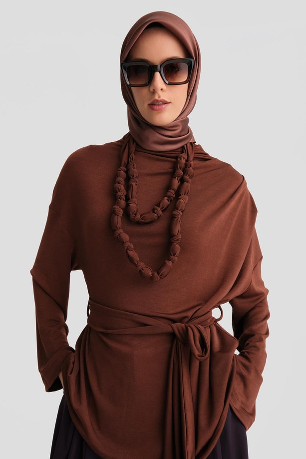 Armine Drapeli Bluz 24K3614 Kızıl Kahve