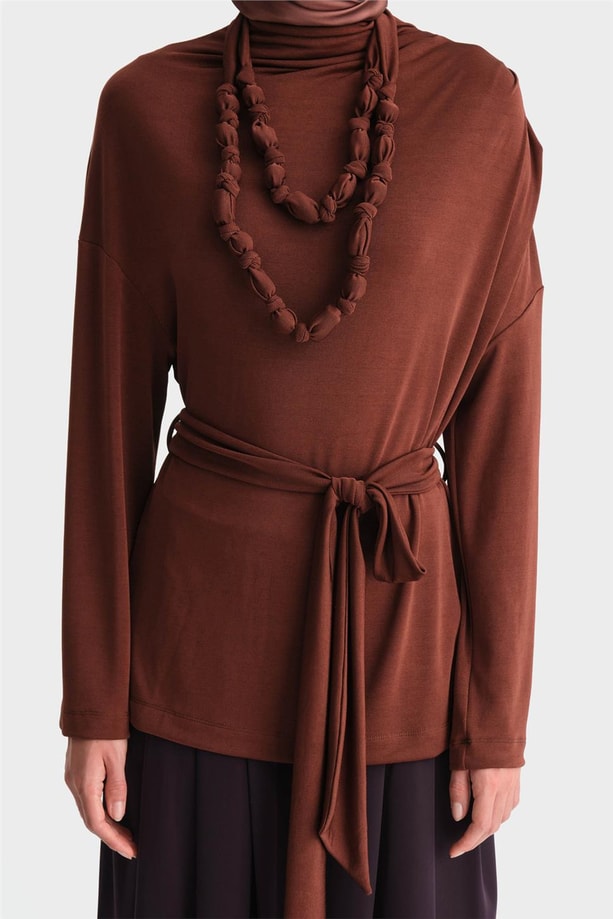 Armine Drapeli Bluz 24K3614 Kızıl Kahve