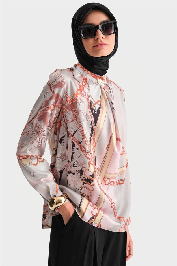 Armine Yakası Dökümlü Desenli Bluz 24K3617 Vizon