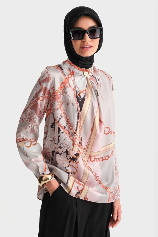 Armine Yakası Dökümlü Desenli Bluz 24K3617 Vizon