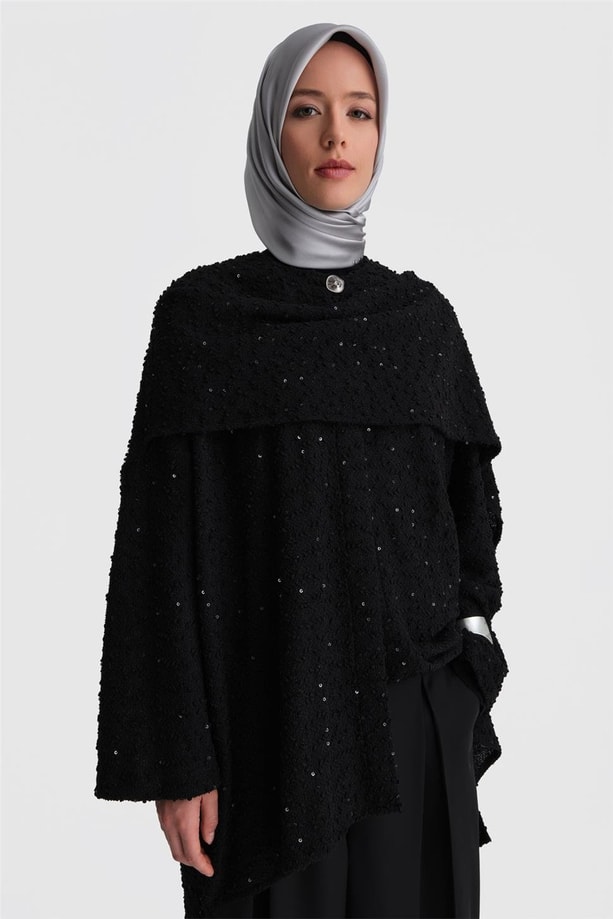 Armine Pullu Kumaşlı Asimetrik Hırka 24K5607 Siyah