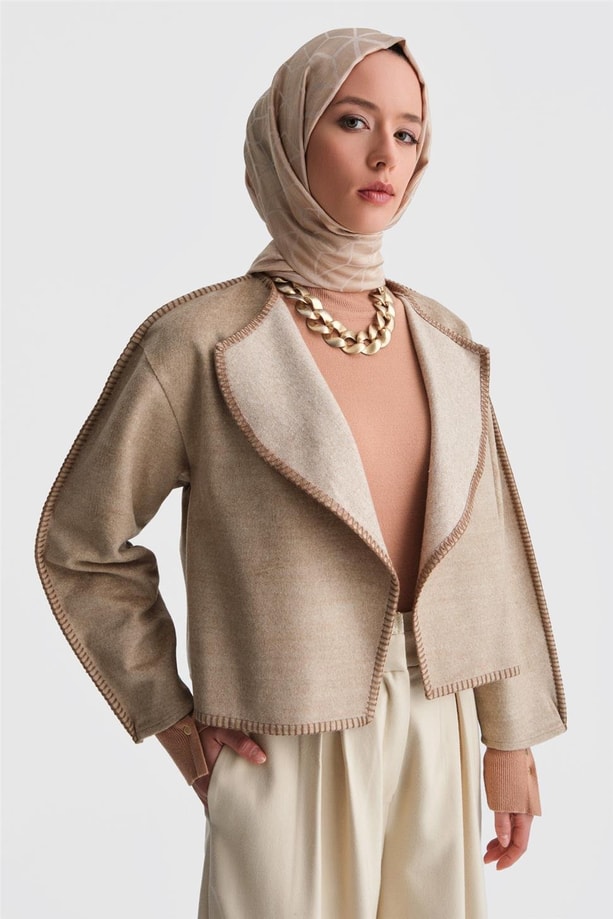 Armine Çoban Dikişli Hırka 24K5715 Bej