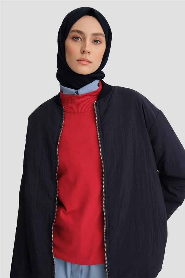 Armine Yaka Ribanalı Kapitone Mont 24KD7522 Lacivert