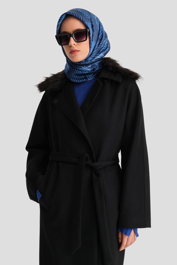 Armine Seyyar Kürklü Bütün Kol Manto 24K8105 Siyah