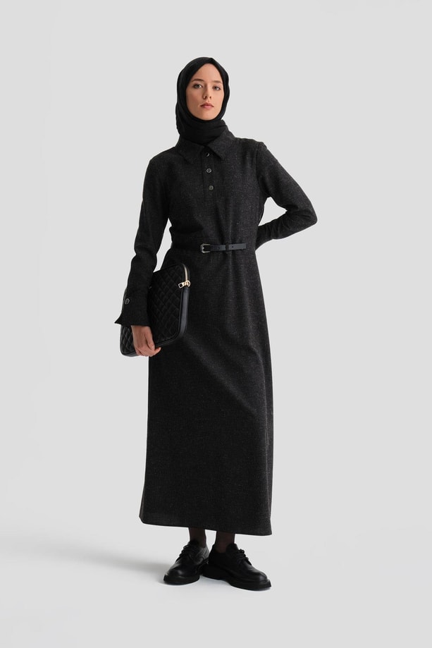 Armine Beli Aksesuarlı Elbise 24K9906 Antrasit