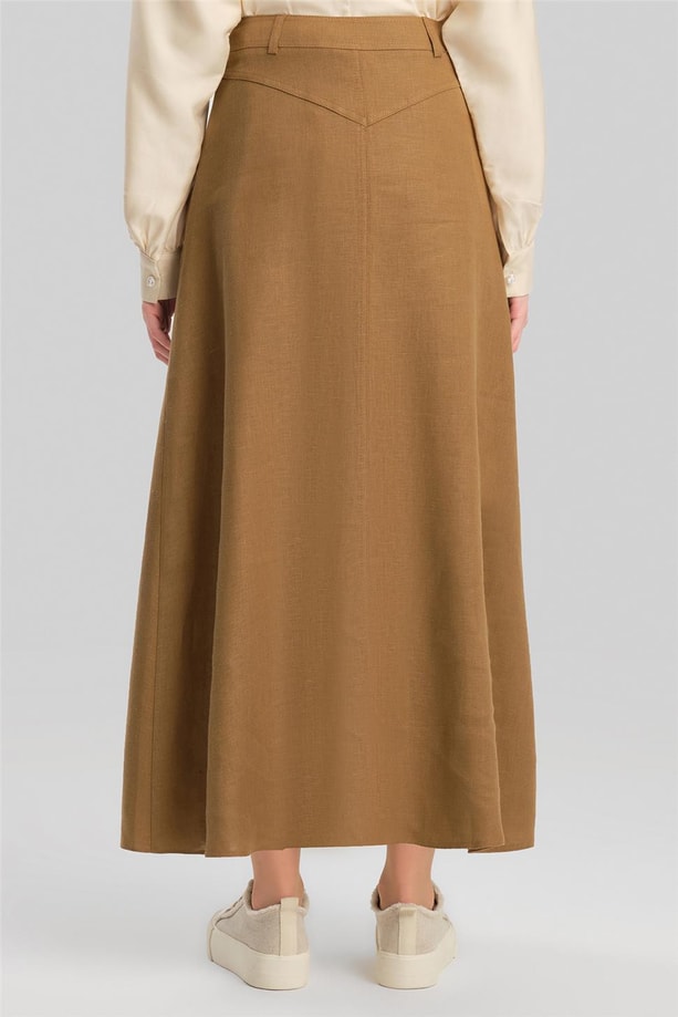 Armine Cep Detaylı Keten Etek 24Y1634 Camel