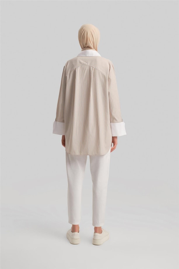 Armine Kalın Manşetli Çizgili Poplin Gömlek 24Y3554 Camel