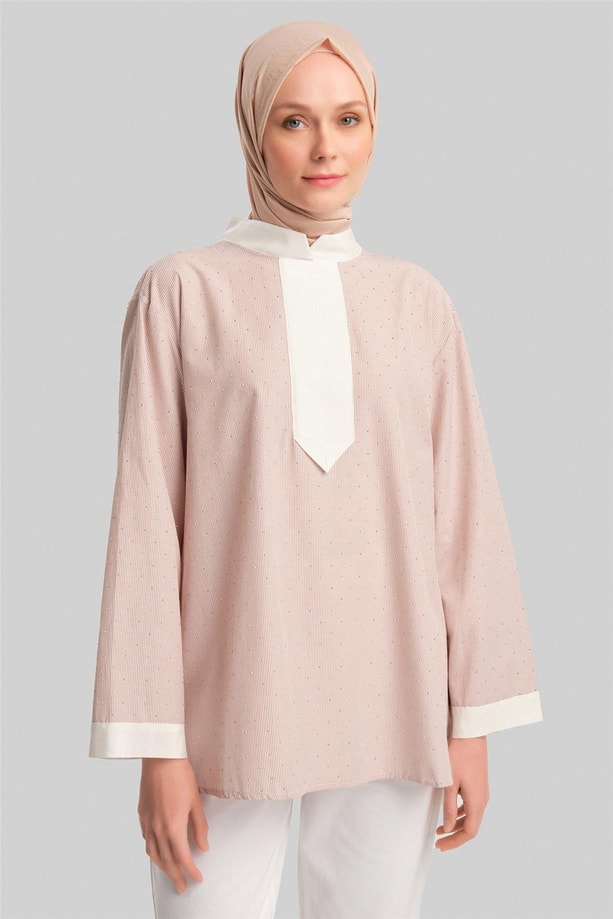 Armine Grogrenli ve Taşlı Çizgili Gömlek24Y3556 Camel
