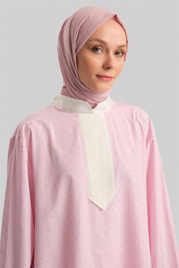 Armine Grogrenli ve Taşlı Çizgili Gömlek24Y3556 Pembe