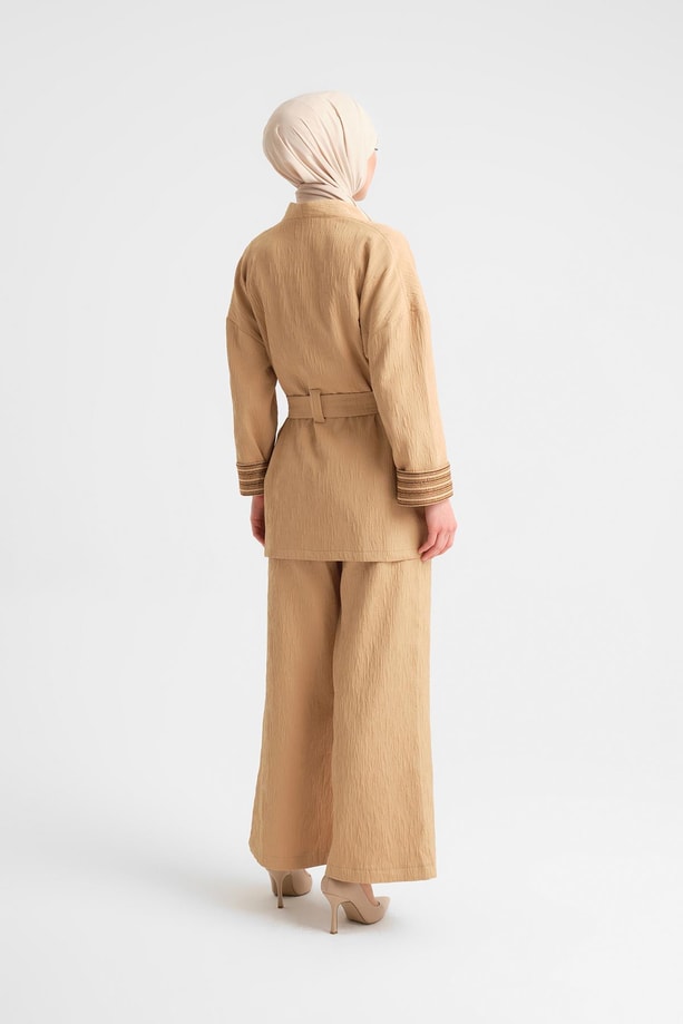 Armine Dokulu Kumaştan Kimono Takım 24Y6812 Camel