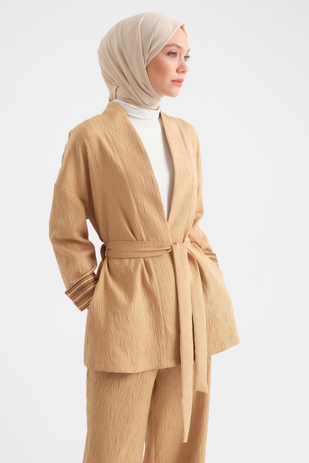 Armine Dokulu Kumaştan Kimono Takım 24Y6812 Camel