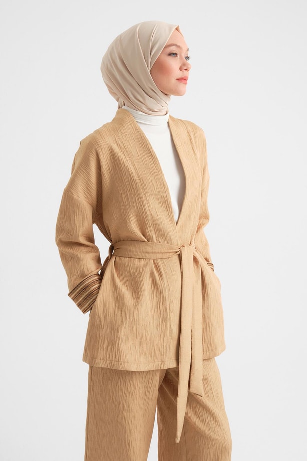 Armine Dokulu Kumaştan Kimono Takım 24Y6812 Camel