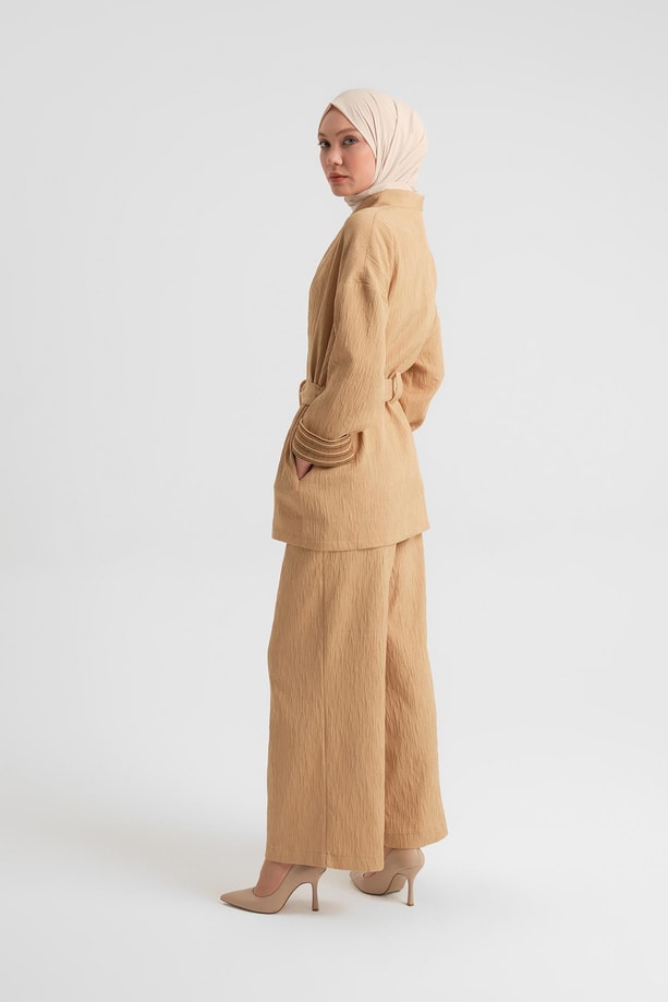 Armine Dokulu Kumaştan Kimono Takım 24Y6812 Camel