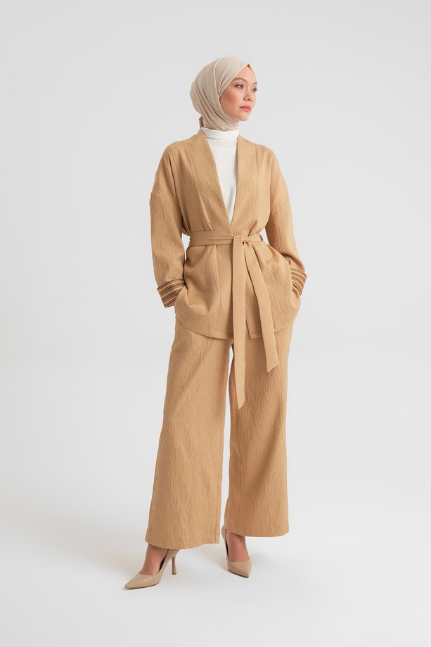 Armine Dokulu Kumaştan Kimono Takım 24Y6812 Camel