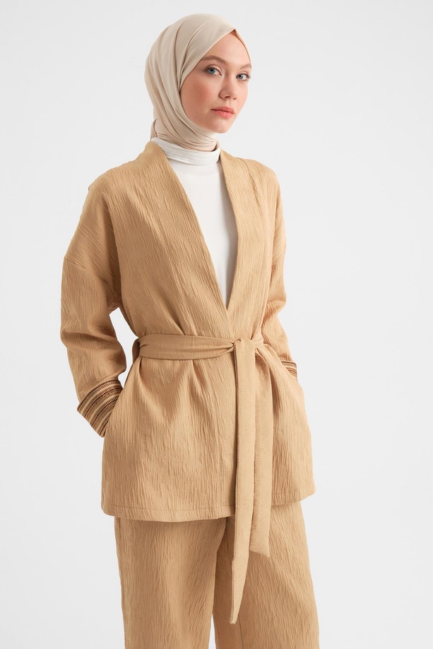 Armine Dokulu Kumaştan Kimono Takım 24Y6812 Camel