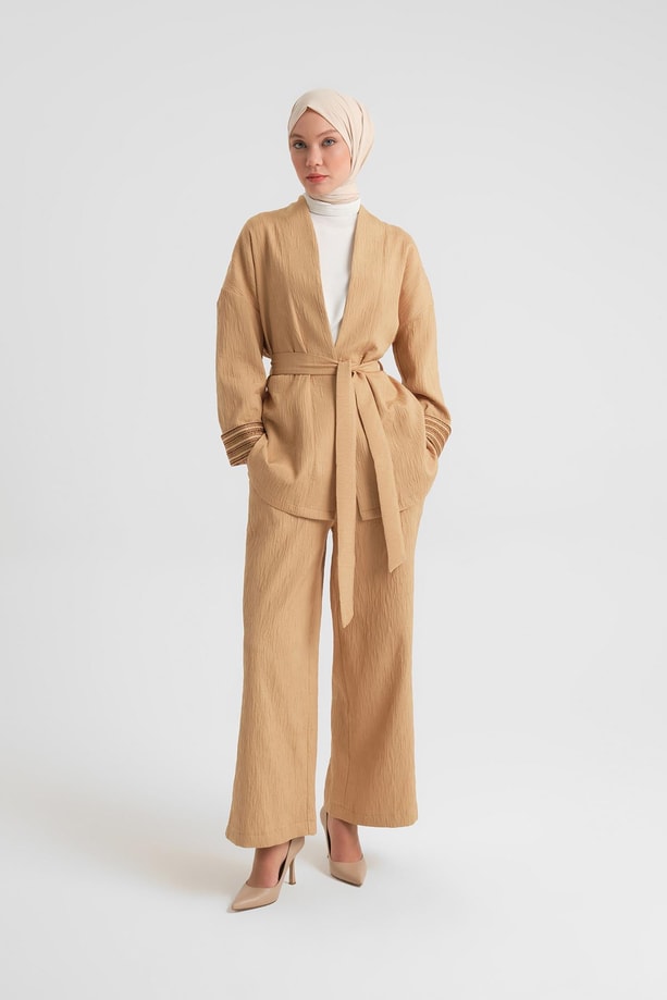 Armine Dokulu Kumaştan Kimono Takım 24Y6812 Camel