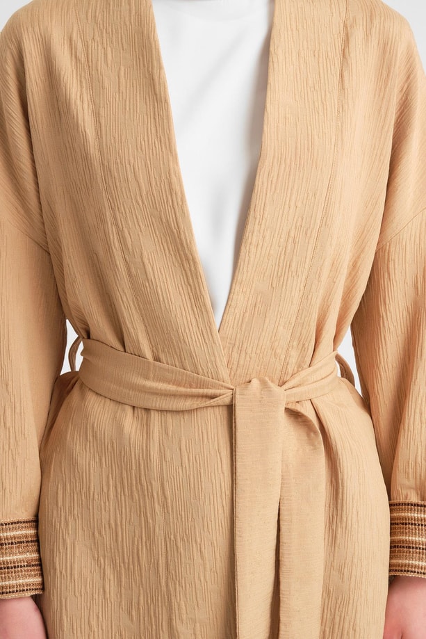 Armine Dokulu Kumaştan Kimono Takım 24Y6812 Camel