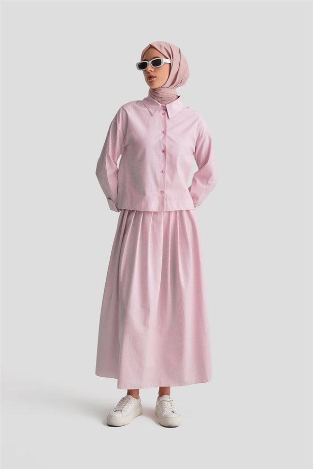 Armine Plise Etekli Çizgili Takım 24K6851 Pembe