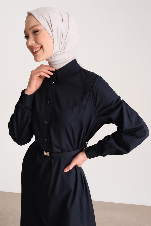 Armine Üstü Düğmeli Pamuk Gabardin Elbise 24Y9807 Lacivert