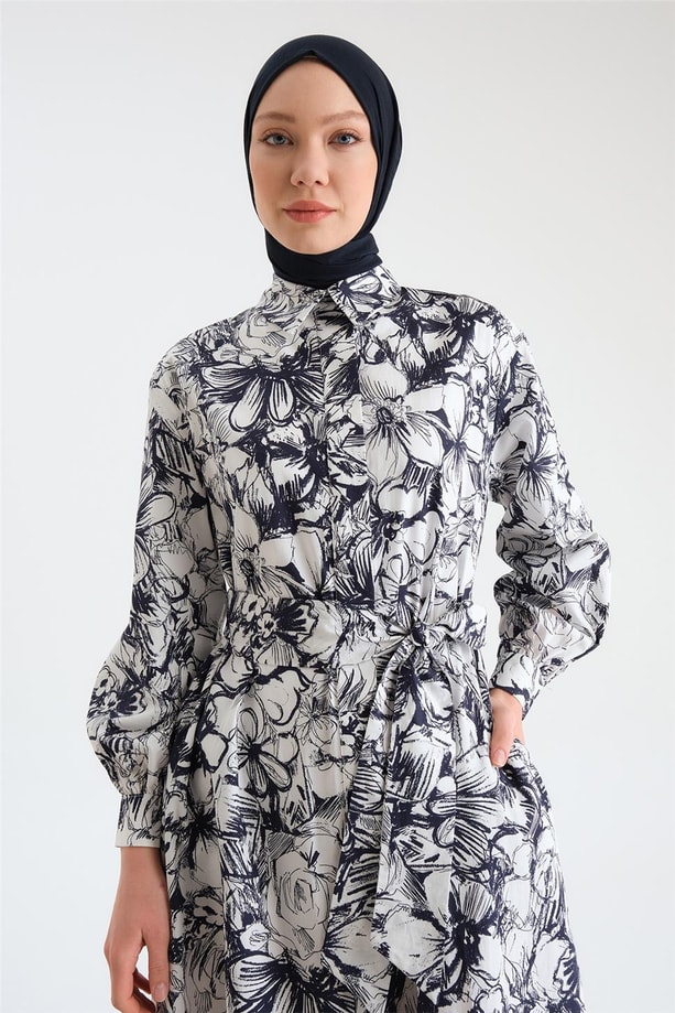 Armine Beli Bağlamalı Desenli Elbise 24Y9840 Lacivert
