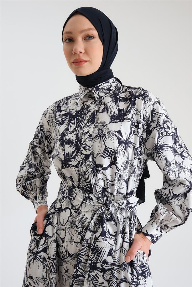 Armine Beli Bağlamalı Desenli Elbise 24Y9840 Lacivert