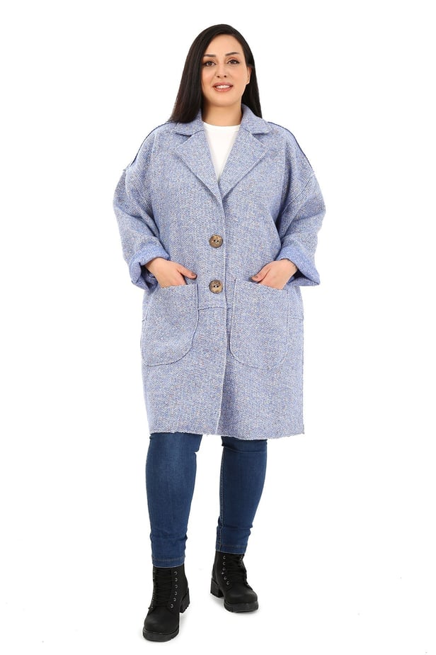 Plus Size Low Sleeve Bag Pocket Dirty Stitched Oversize Glittery Blue Jacket