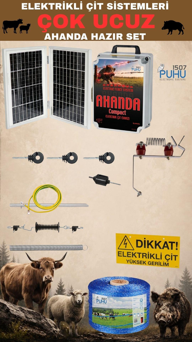PUHU AHANDA COMPACT Güneş Enerjili Elektrikli Çit Cihazı (20W Panel + 12V/14Ah Jel Akü) (15000 Volt = 20.000 m) | Cimritilki.com