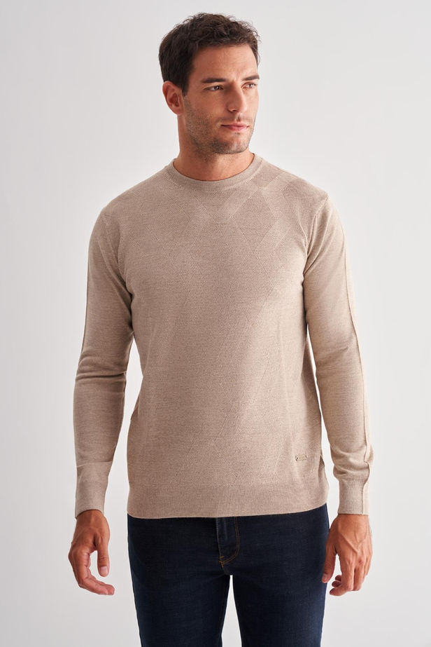 Açık Bej Bisiklet Yaka Uzun Kol Cepsiz Comfort Fit Classic Yünlü Triko Kazak 1012255207