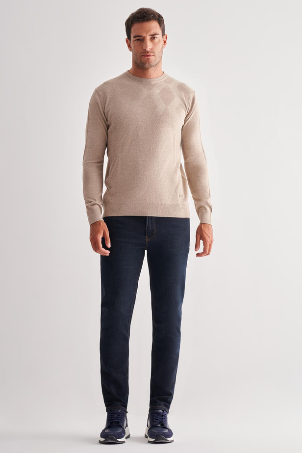 Açık Bej Bisiklet Yaka Uzun Kol Cepsiz Comfort Fit Classic Yünlü Triko Kazak 1012255207