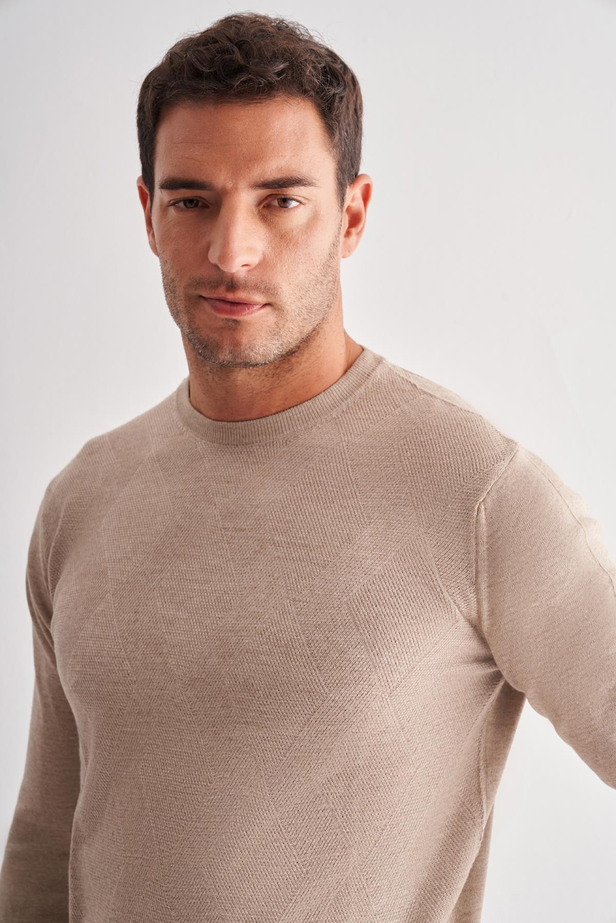 Açık Bej Bisiklet Yaka Uzun Kol Cepsiz Comfort Fit Classic Yünlü Triko Kazak 1012255207