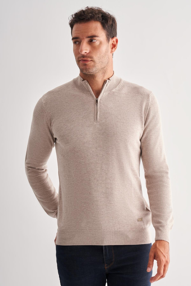 Açık Bej Fermuarlı Dik Yaka Uzun Kol Cepsiz Comfort Fit Classic Pamuklu Triko Kazak 1012255201