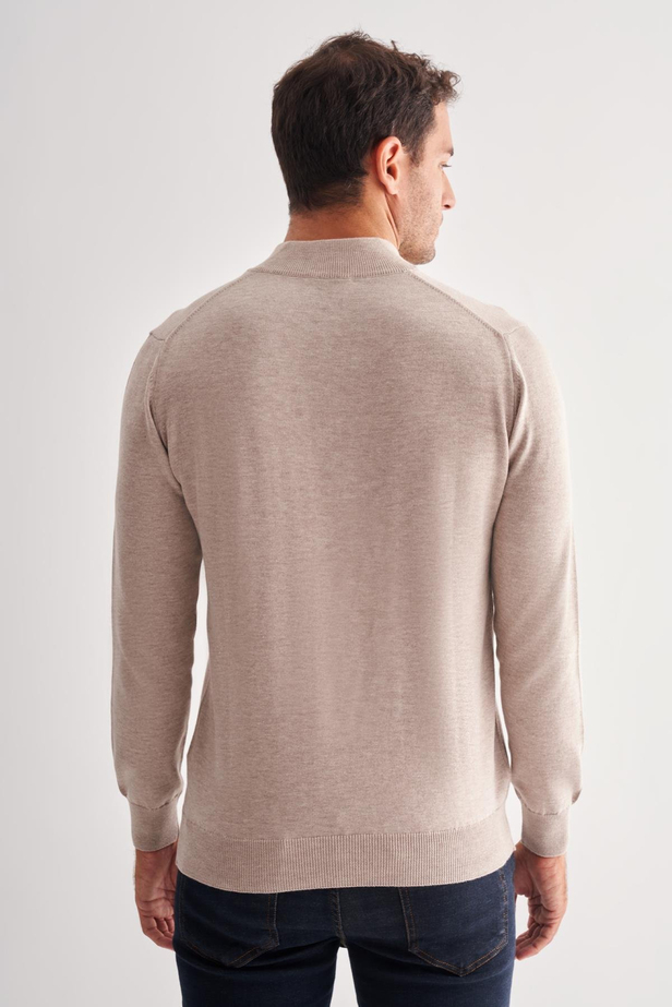 Açık Bej Fermuarlı Dik Yaka Uzun Kol Cepsiz Comfort Fit Classic Pamuklu Triko Kazak 1012255201