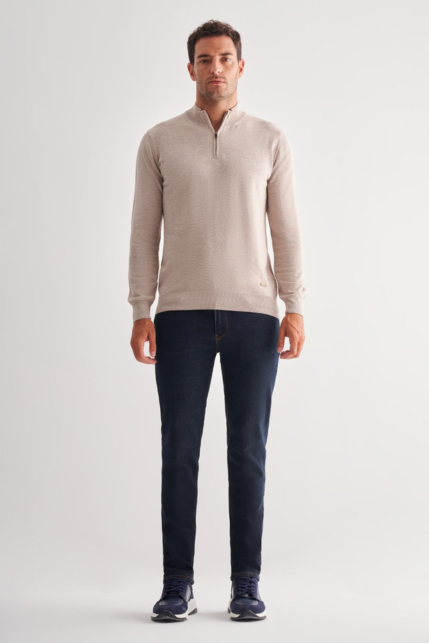 Açık Bej Fermuarlı Dik Yaka Uzun Kol Cepsiz Comfort Fit Classic Pamuklu Triko Kazak 1012255201