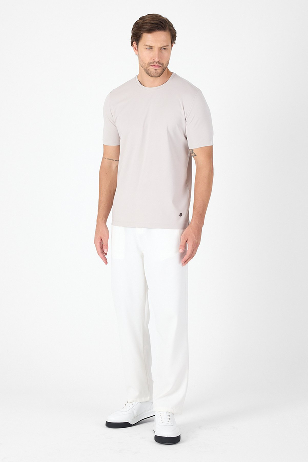 Açık Bej Kısa Kol Bisiklet Yaka Cepsiz Pamuklu Casual Slim Fit Tişört 1011250165