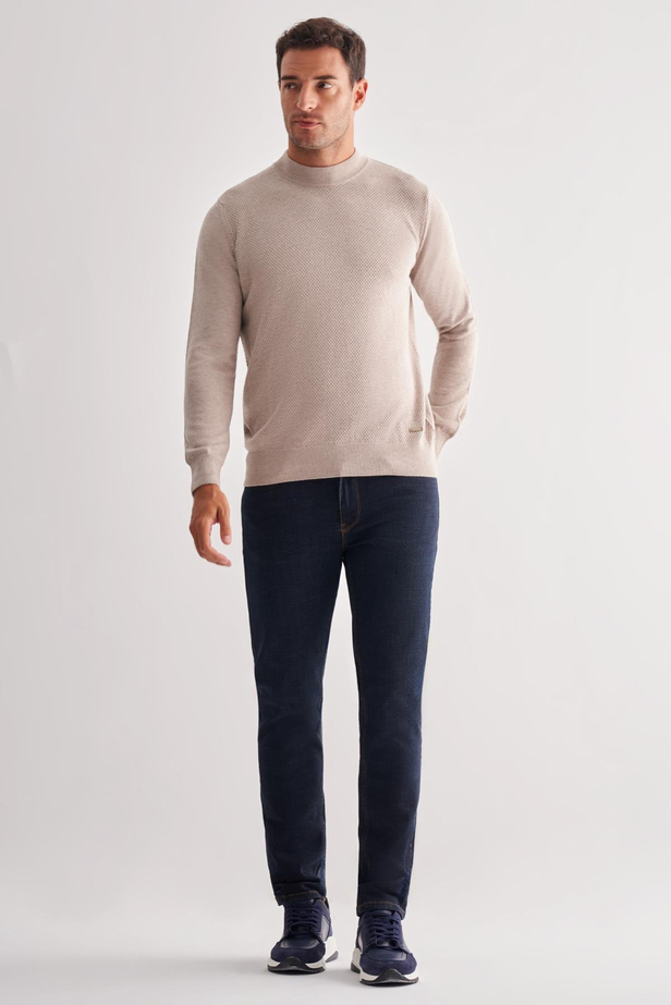 Açık Bej Yarım Balıkçı Yaka Uzun Kol Cepsiz Comfort Fit Classic Pamuklu Triko Kazak 1012255208