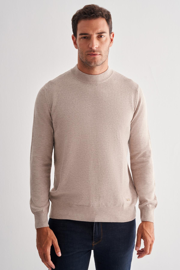 Açık Bej Yarım Balıkçı Yaka Uzun Kol Cepsiz Comfort Fit Classic Pamuklu Triko Kazak 1012255208